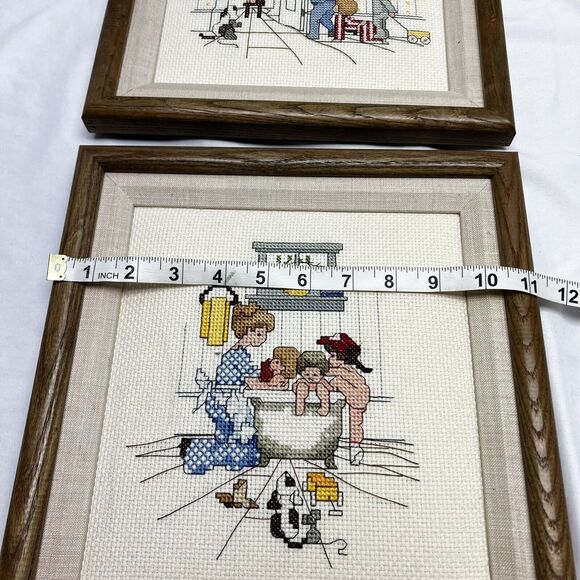 Vintage Framed Needlepoint Cross Stitch Crewel Kids In Bathroom Set of 2 11"x12" - Picture 9 of 11